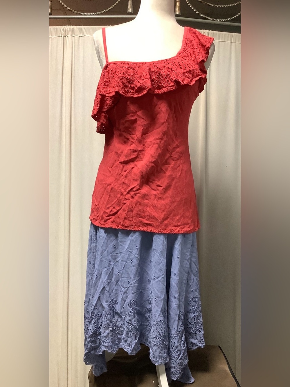 Ghost Asymmetric Eyelet Lavender Skirt Terracotta Ruffle Top 3/4 Sleeve Jacket